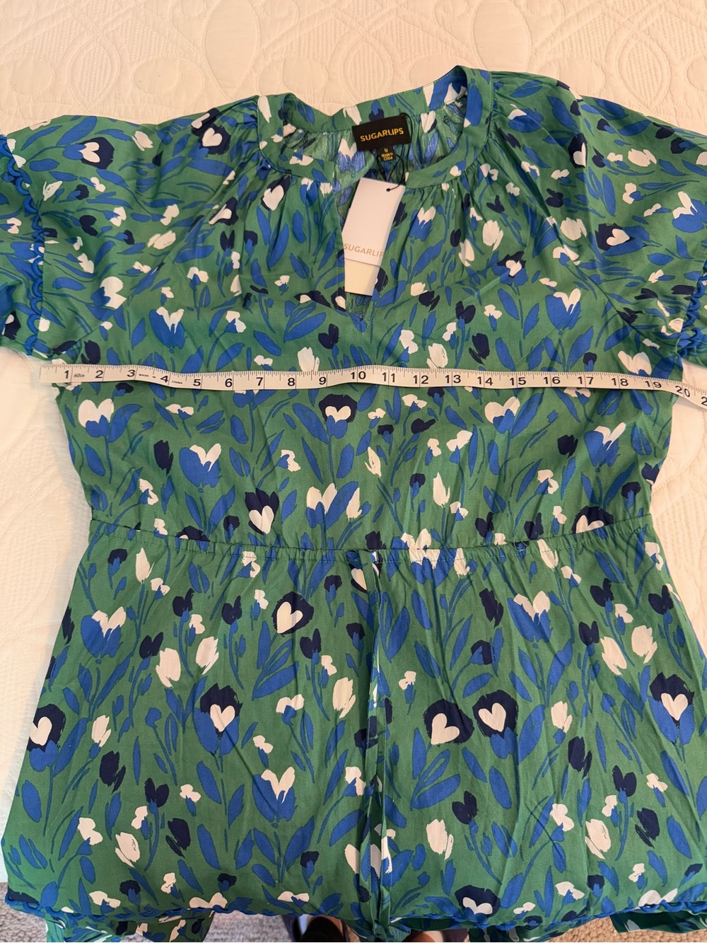 Sugarlips Blue and Green Floral Puff-Sleeve Tiered Dress - Picture 5 of 7